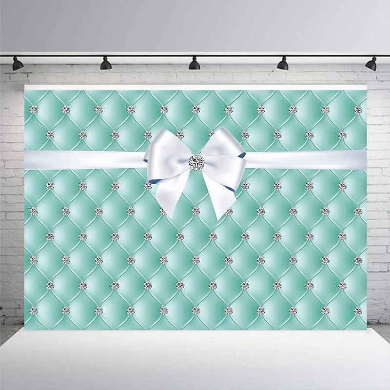 Riyidecor Breakfast Blue Diamonds Bowknot Backdrop Aqua Turquoise Birthday Party Decorations Photography Background 7x5 Feet Teal Bridal Shower Wedding Celebration Props Girl Photo Shoot Fabric - Image 3